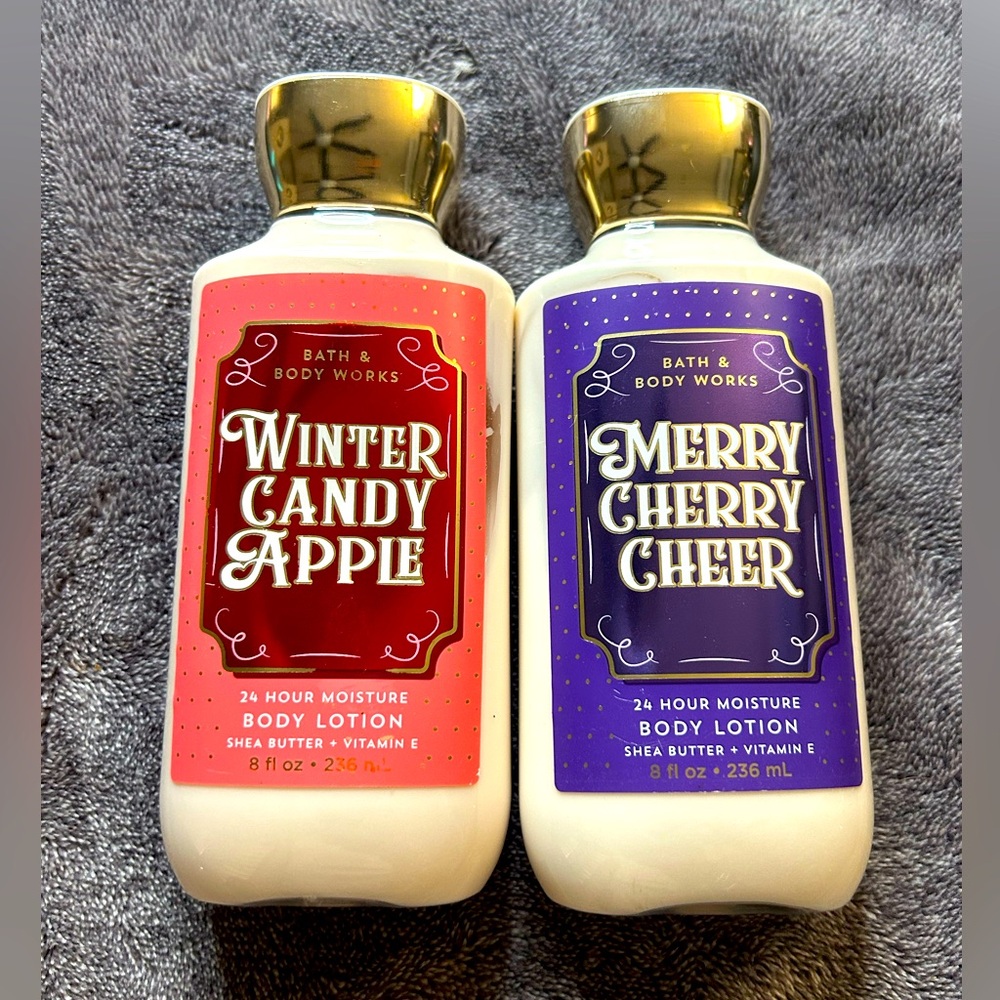 2 BATH & BODY WORKS Body lotions Winter Candy Apple & Merry Cherry Cheer 8oz New